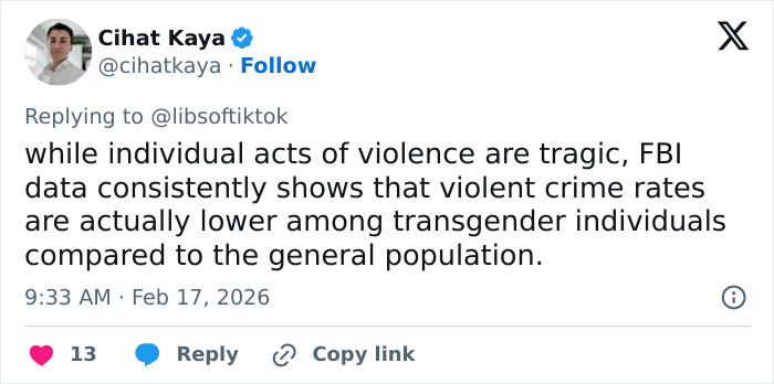 Tweet by Cihat Kaya discussing FBI data on violent crime rates among transgender individuals before Rhode Island hockey tragedy.