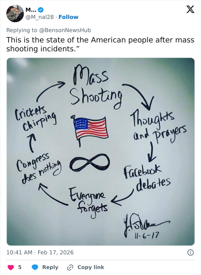 Diagram showing a cycle of mass shooting responses with an American flag, highlighting posts related to Rhode Island hockey tragedy.