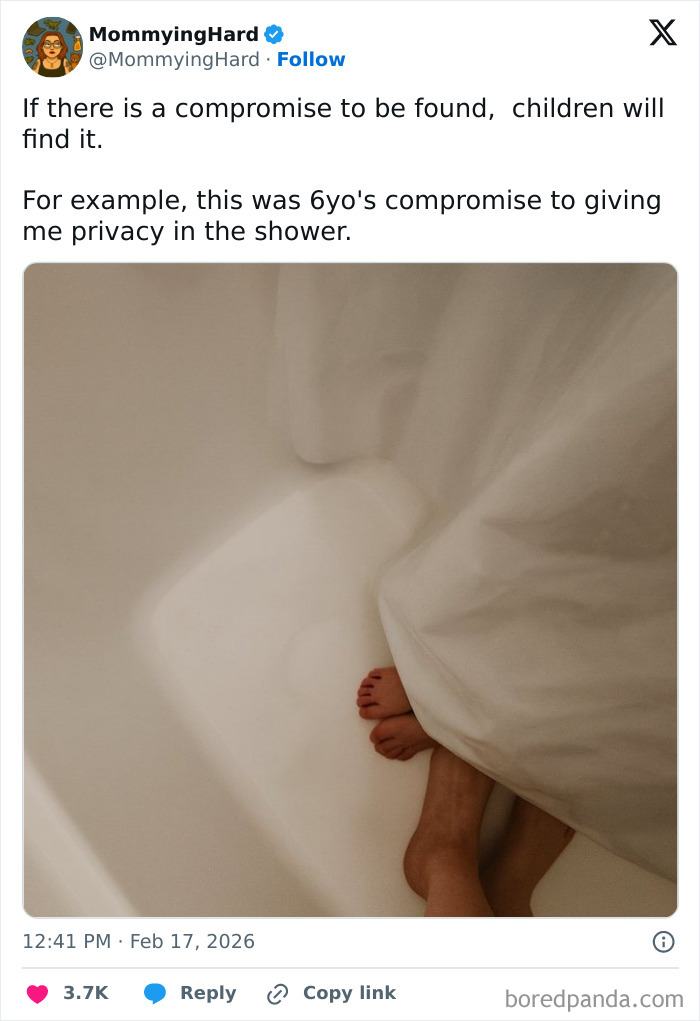 Child's feet peeking out from under a shower curtain, a humorous X post showing a funny compromise for privacy.