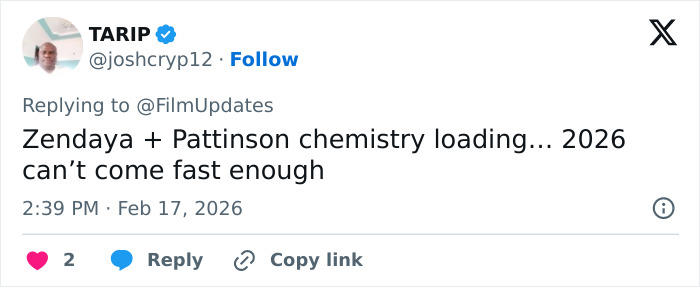 Tweet showing excitement about Zendaya and Robert Pattinson's chemistry amid gender-bending photoshoot buzz in 2026.