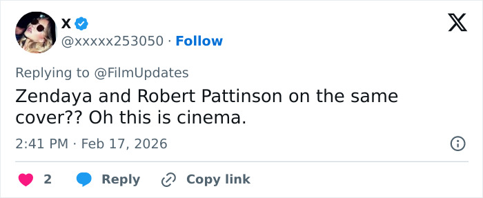 Tweet showing user reacting to Zendaya and Robert Pattinson’s gender-bending photoshoot sparking online frenzy.