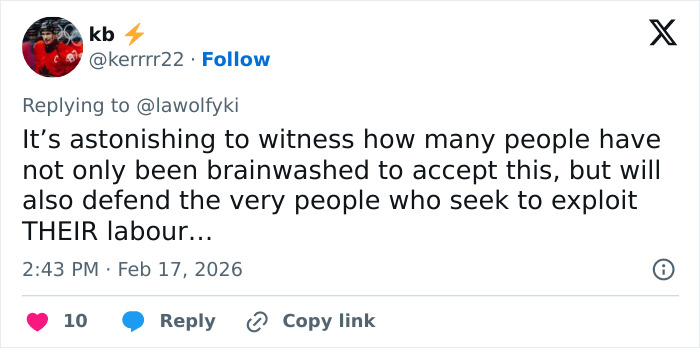 Twitter reply criticizing exploitation of labor, sparking debate over Beyoncé's treatment of 20-year employee situation.
