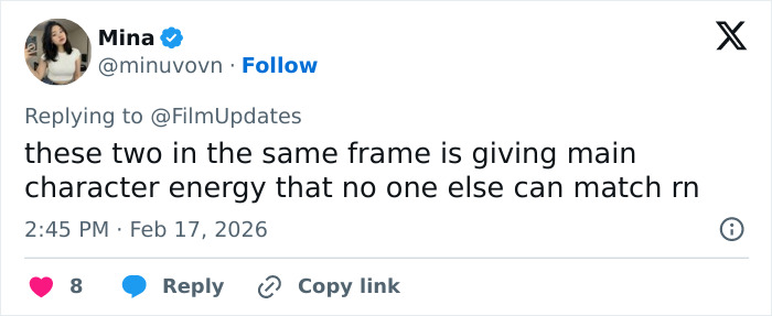 Tweet from Mina praising Zendaya and Robert Pattinson’s gender-bending photoshoot for unique main character energy.