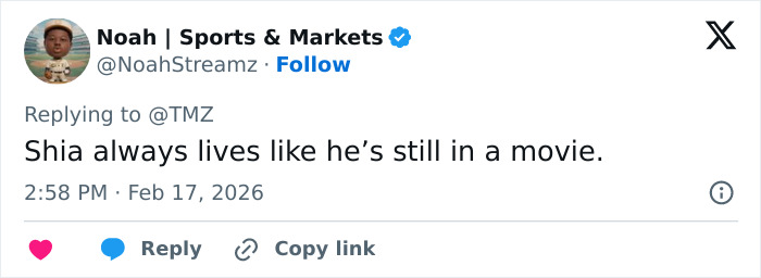 Tweet from Noah Sports & Markets about Shia LaBeouf&rsquo;s behavior breaking sobriety before New Orleans arrest.