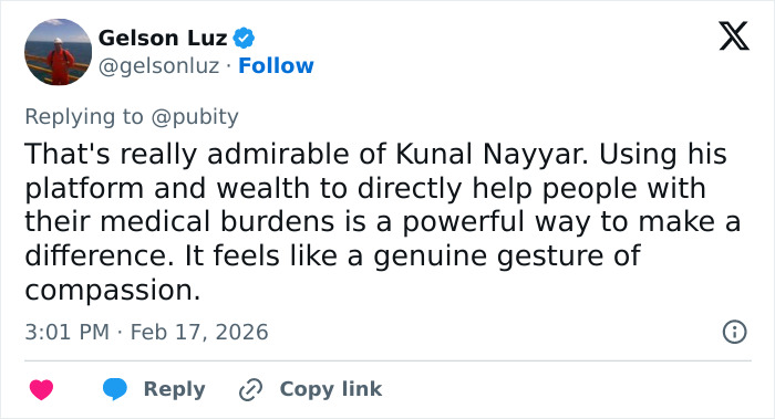 Tweet praising Kunal Nayyar&rsquo;s GoFundMe efforts to help people despite a shockingly bleak response online.
