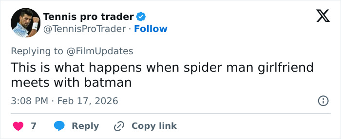 Tweet by Tennis pro trader joking about Spider-Man’s girlfriend meeting Batman, sparking discussion on gender-bending photoshoot frenzy.