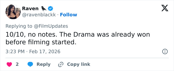 Tweet from user Raven praising a drama, posted February 17, 2026, sparking discussion on Zendaya and Robert Pattinson gender-bending photoshoot.