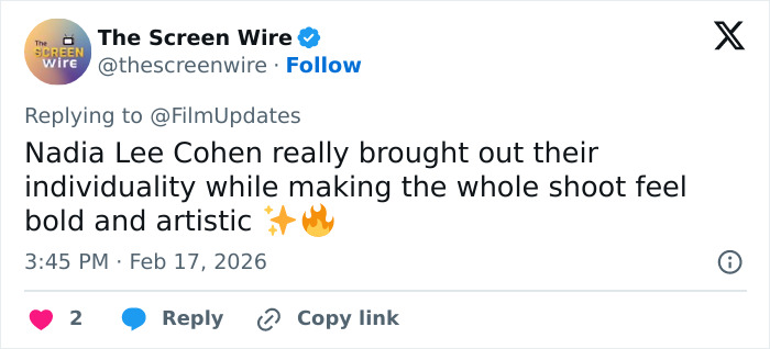Social media post praising Nadia Lee Cohen’s bold and artistic approach in a gender-bending photoshoot with Zendaya and Robert Pattinson.