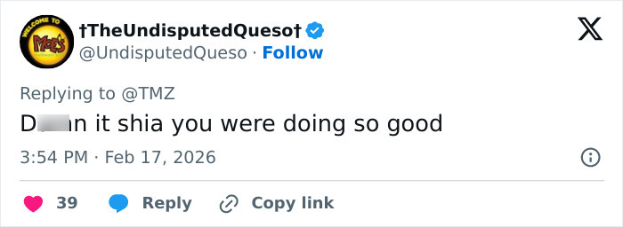 Tweet from user tTheUndisputedQuesot expressing disappointment as Shia LaBeouf breaks sobriety and faces arrest in New Orleans.