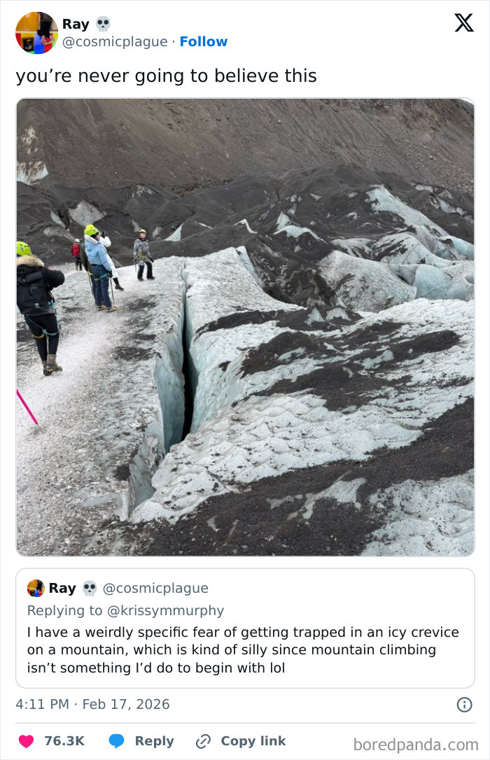 Group of people with helmets near icy crevice on mountain, showcasing chaotic and hilarious coping humor posts in February.