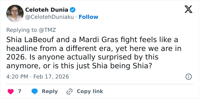 Tweet discussing Shia LaBeouf&rsquo;s fight during Mardi Gras amid chaos and his arrest in New Orleans.