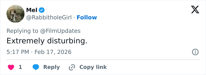 Tweet from Mel reacting to Zendaya and Robert Pattinson’s gender-bending photoshoot as extremely disturbing.