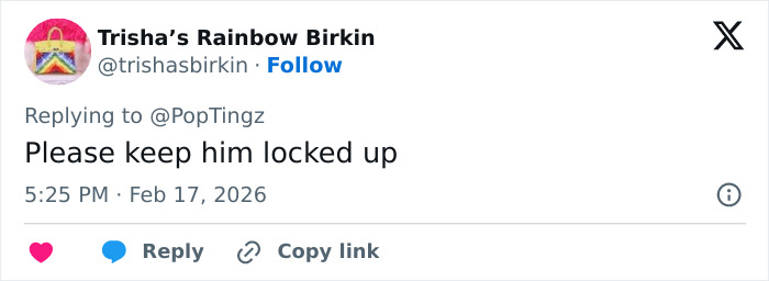 Twitter post by Trisha&rsquo;s Rainbow Birkin stating Please keep him locked up, related to Shia LaBeouf breaking sobriety and arrest in New Orleans.