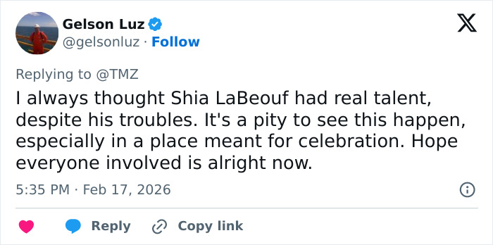 Tweet from Gelson Luz expressing concern over Shia LaBeouf&rsquo;s arrest during sobriety struggle in New Orleans chaos.