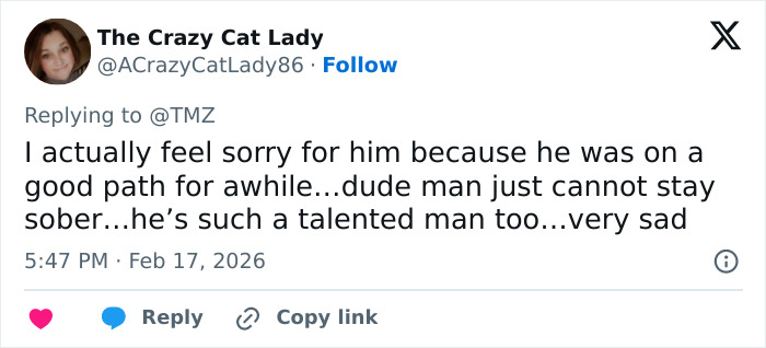 Screenshot of a Twitter user expressing sympathy about Shia LaBeouf breaking sobriety and getting arrested in New Orleans.