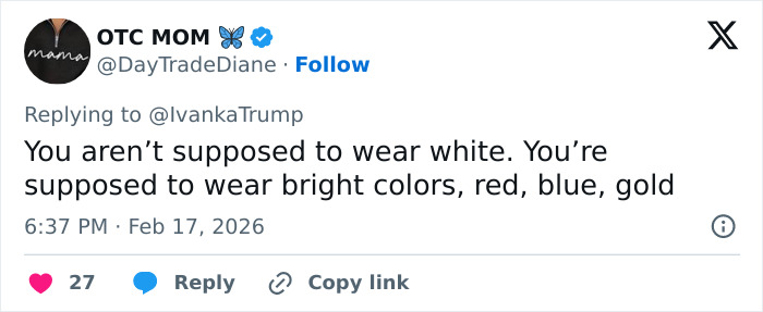 Tweet screenshot showing a user commenting on Ivanka Trump's Lunar New Year post, mentioning colors and transformation.