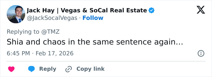 Tweet from Jack Hay about Shia LaBeouf and chaos, highlighting eyewitness details of arrest in New Orleans.