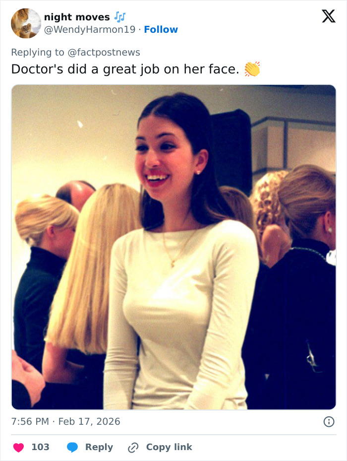 Young woman smiling at a social event, discussion about doctors doing a great job on her face in the background.