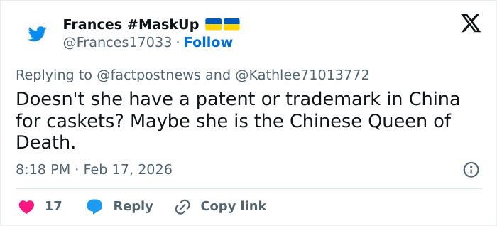 Tweet showing user Frances questioning if Ivanka Trump has a patent in China, referencing her transformation and public scrutiny.