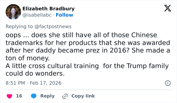 Twitter user comment discussing Ivanka Trump's product trademarks and cross-cultural training for the Trump family.