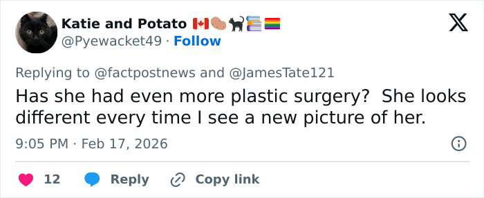 Tweet questioning if Ivanka Trump has had more plastic surgery, commenting on her changing appearance after Lunar New Year post.