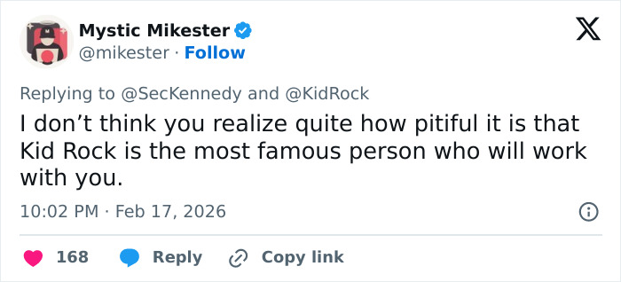 Tweet from Mystic Mikester criticizing collaboration between RFK Jr. and Kid Rock, sparking reactions online. Tweet from Mystic Mikester criticizing collaboration between RFK Jr. and Kid Rock, sparking reactions online.