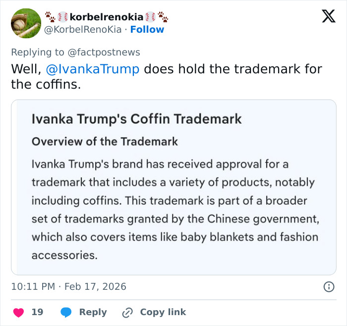 Screenshot of a Twitter reply discussing Ivanka Trump's trademark for coffins as part of her brand products.