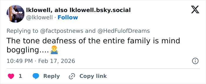 Tweet criticizing family tone deafness, posted in response to Ivanka Trump's transformation scrutiny after Lunar New Year's post.