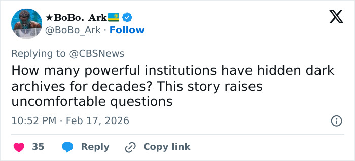 Screenshot of a tweet discussing powerful institutions' hidden dark archives, related to Hugh Hefner's widow claim.