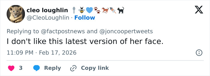 User comment on social media expressing dislike for Ivanka Trump's latest facial appearance after transformation scrutiny.