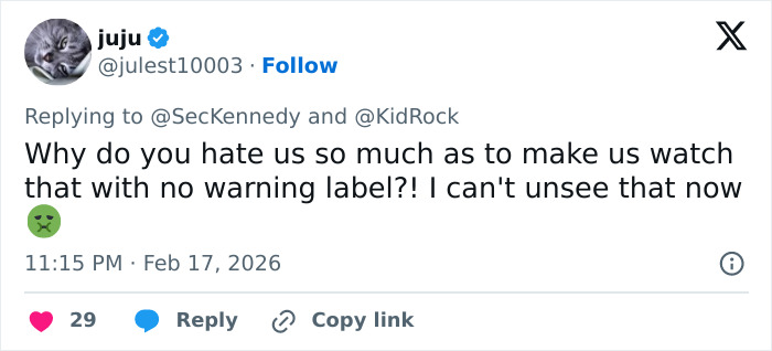 Tweet reacting to RFK Jr. and Kid Rock's new workout video, expressing shock and disbelief without a warning label. Tweet reacting to RFK Jr. and Kid Rock's new workout video, expressing shock and disbelief without a warning label.
