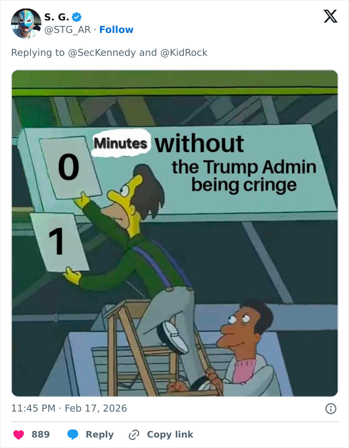 Screenshot from The Simpsons showing a character changing a sign about Trump Admin cringe in a humorous meme style. Screenshot from The Simpsons showing a character changing a sign about Trump Admin cringe in a humorous meme style.