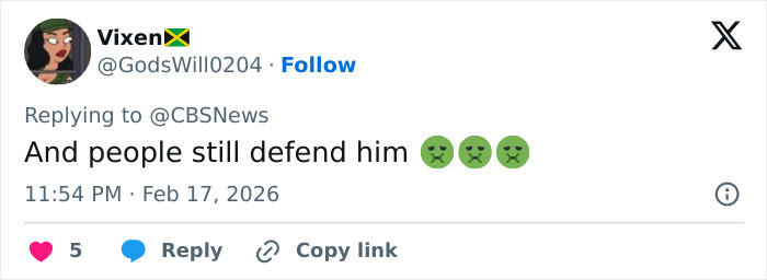 Twitter user Vixen reacts to CBS News with a comment defending Hugh Hefner amid bombshell claims.