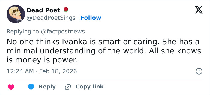 Screenshot of a tweet criticizing Ivanka Trump&rsquo;s intelligence and character amid discussions of her transformation.