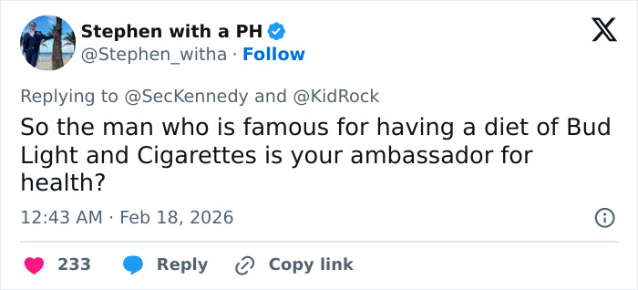 Screenshot of a tweet criticizing RFK Jr.'s health ambassador role amid reactions to his new workout video with Kid Rock. Screenshot of a tweet criticizing RFK Jr.'s health ambassador role amid reactions to his new workout video with Kid Rock.