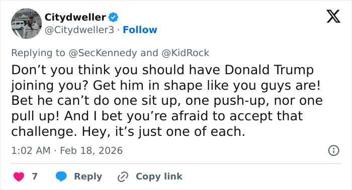 Screenshot of a Twitter reply discussing RFK Jr.’s workout video with Kid Rock sparking reactions on social media. Screenshot of a Twitter reply discussing RFK Jr.’s workout video with Kid Rock sparking reactions on social media.