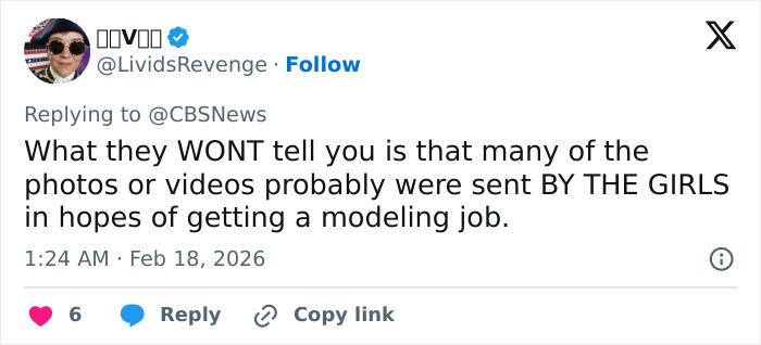 Tweet claiming many photos or videos were sent by girls seeking modeling jobs related to Hugh Hefner's widow bombshell claim.