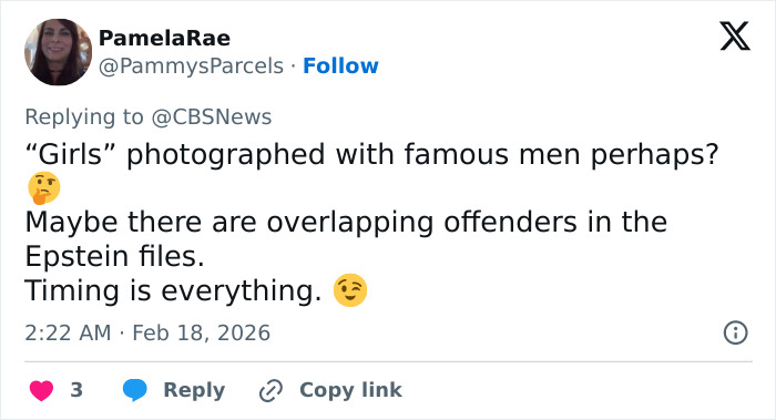 Tweet discussing possible girls connected to famous men and referencing overlapping offenders in Epstein files with timing emphasized.