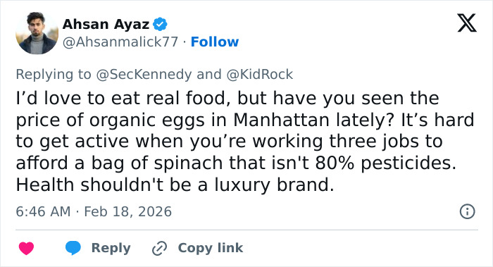 User tweet responding to RFK Jr. and Kid Rock discussing challenges of eating organic food and staying active in Manhattan. User tweet responding to RFK Jr. and Kid Rock discussing challenges of eating organic food and staying active in Manhattan.