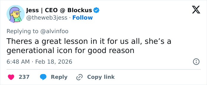 Tweet from CEO Jess at Blockus discussing a generational icon, related to JD Vance’s comment on Eileen Gu’s representation backlash.