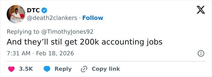 Tweet reply by user DTC commenting on job prospects, displayed on a social media interface with profile photo and engagement icons.