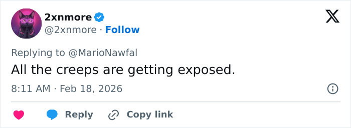 Tweet from user 2xnmore discussing the exposure of creeps, related to Hugh Hefner's widow and the Playboy founder claims.