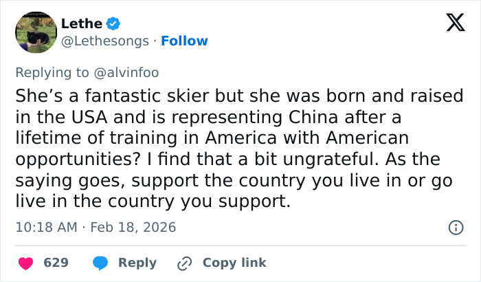 Screenshot of a social media reply criticizing Eileen Gu’s representation and sparking backlash involving JD Vance’s comment.