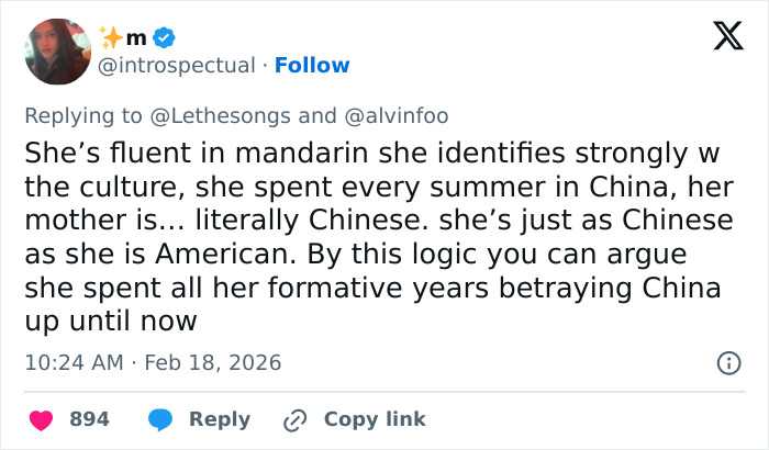 Tweet discussing Eileen Gu's cultural identity amid backlash on JD Vance’s comment about the athlete's representation.