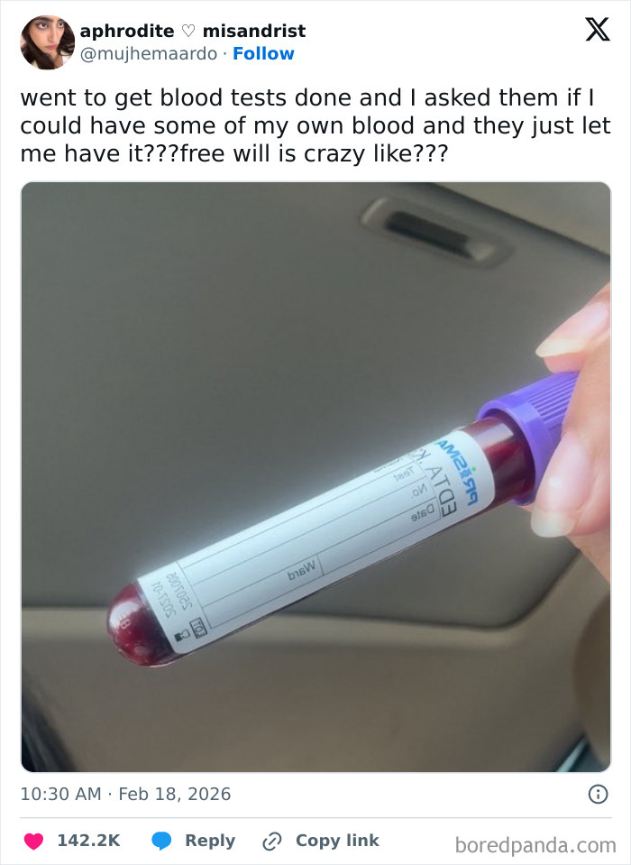 Person holding a blood test vial, part of chaotic and hilarious X posts using humor to cope this February.