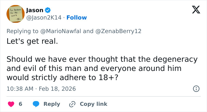 Screenshot of a tweet criticizing Hugh Hefner's alleged degeneracy and mentioning age restrictions of 18+ related to Playboy.