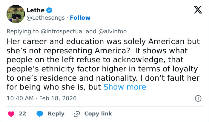 Tweet discussing JD Vance’s comment on Eileen Gu’s representation and the resulting backlash against the athlete.