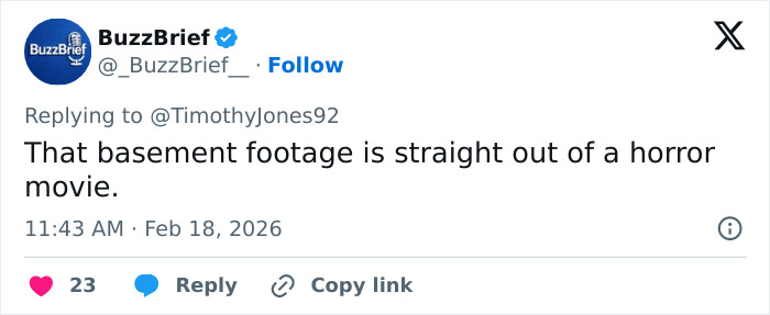 Tweet from BuzzBrief describing basement footage from a fraternity hazing event with an eerie response to cops interrupting.