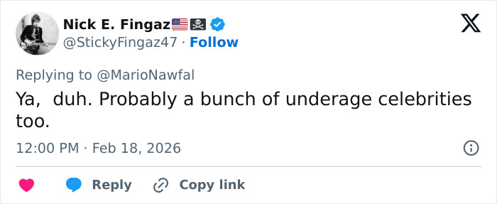 Tweet by Nick E. Fingaz discussing possible underage celebrities related to Hugh Hefner's legacy and Playboy founder claims.