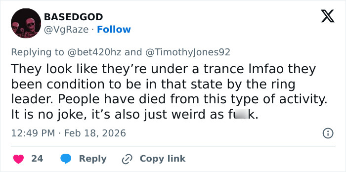 Social media reaction highlights eerie response during cops interrupting fraternity hazing event with trance-like state.